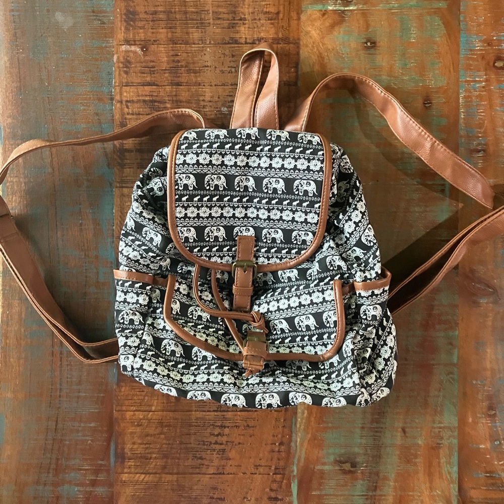 Bongo Y2K Elephant Print Backpack with Brown Straps